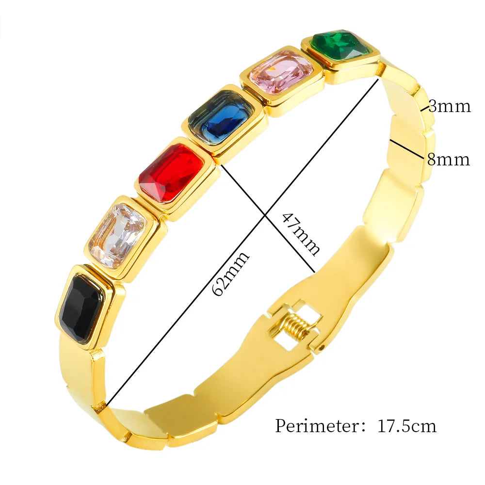 Gold Plated Square Zircon Cuff Bracelet - Stainless Steel Spring Bangle for Women - Geometric Fashion Jewelry in Gold Color