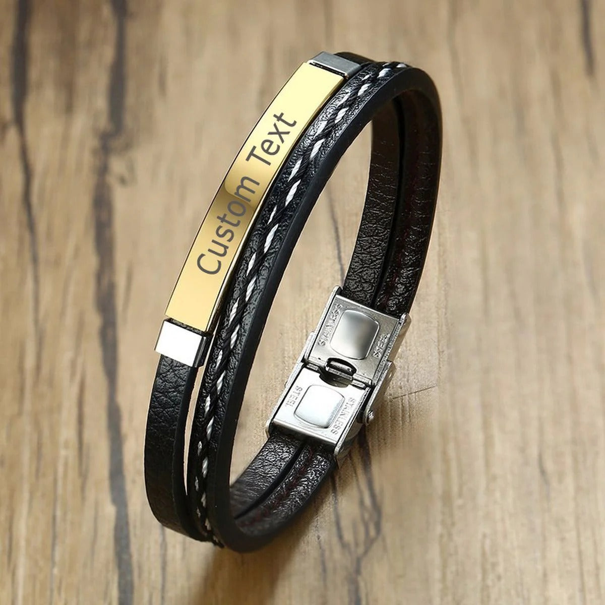 Stainless Steel Gold Black Laser Engraved Leather Wrist Band ID Bracelet For Men