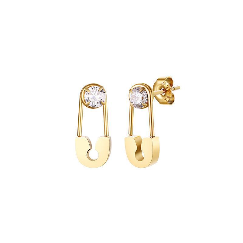 Creative Gold Plated Pin Design Stainless Steel Zircon Earrings for Women