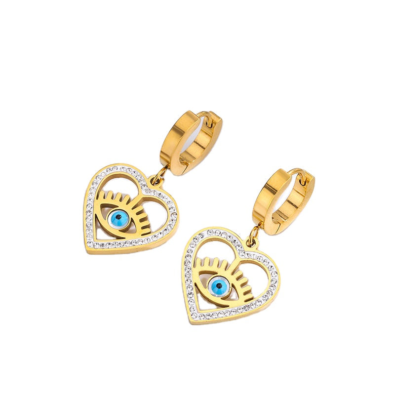 New Style Heart Evil Blue Eyes Gold Plated Stainless Steel Earrings