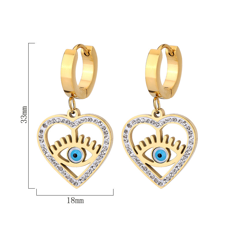 New Style Heart Evil Blue Eyes Gold Plated Stainless Steel Earrings