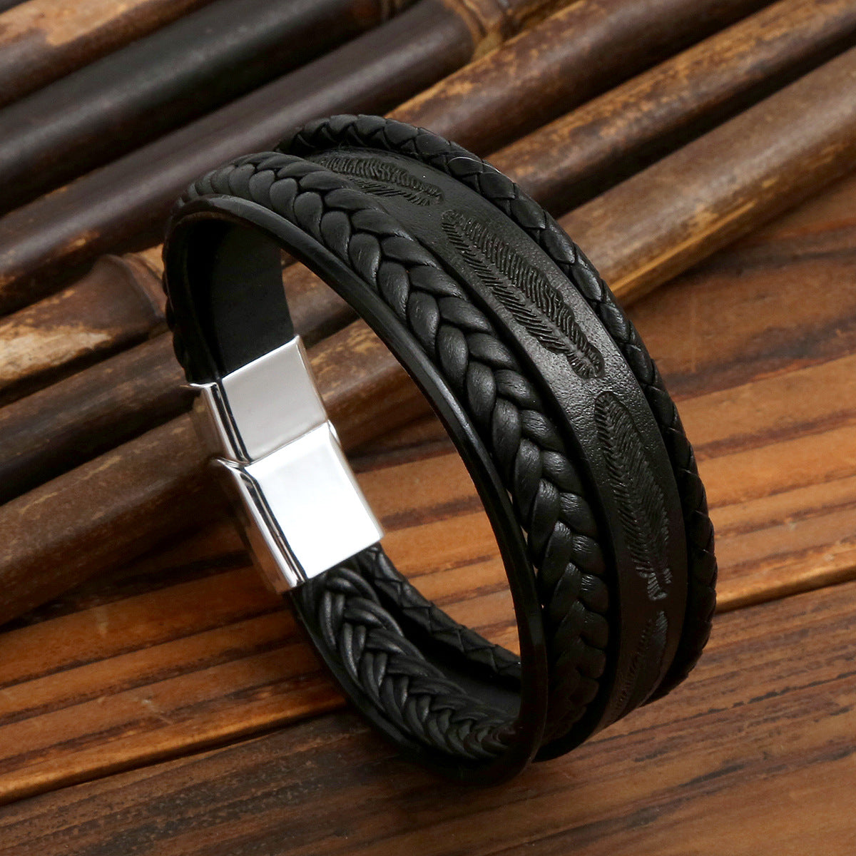 Cross-border New Men's Leather Feather Braided Bracelet Trendy