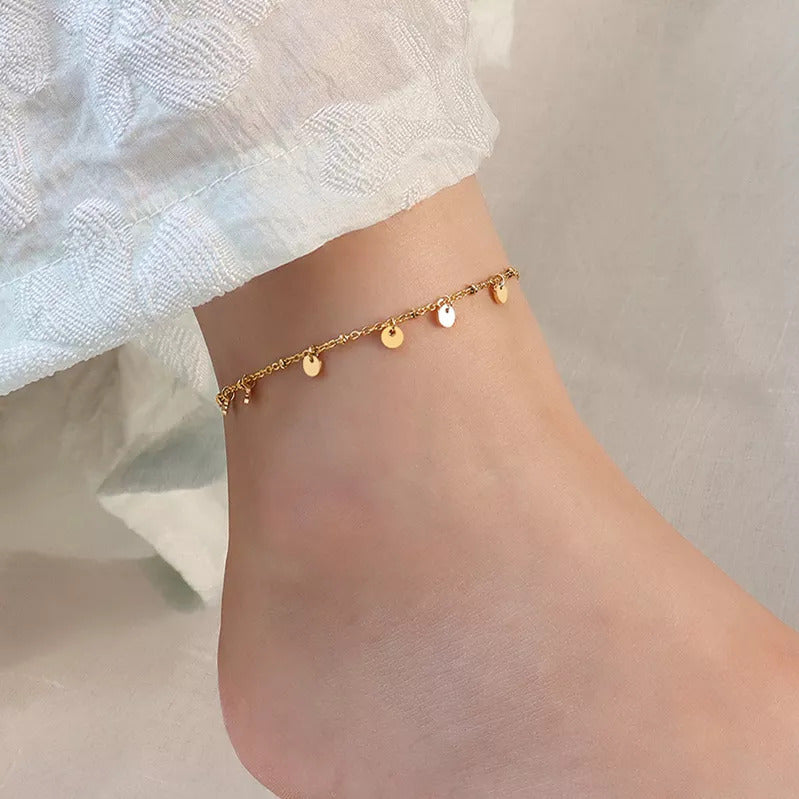 Premium Quality Waterproof 18k Gold Plated Stainless Steel Small Coin Disc Charm Anklet