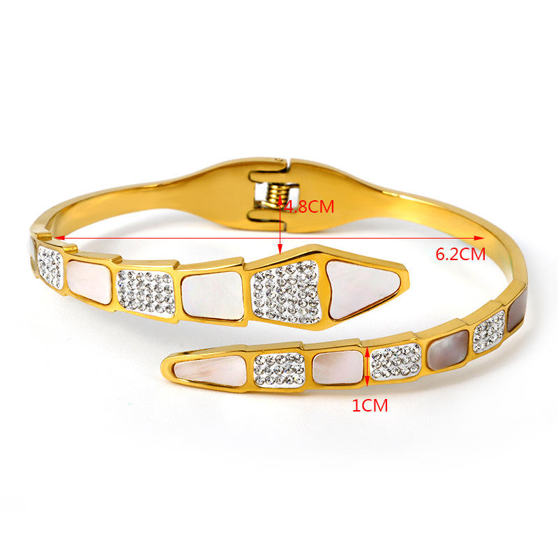 Luxury Stainless Steel CZ Crystals With White Shell Bracelets For Women Men Trendy Snake Bangle Jewelry Gift