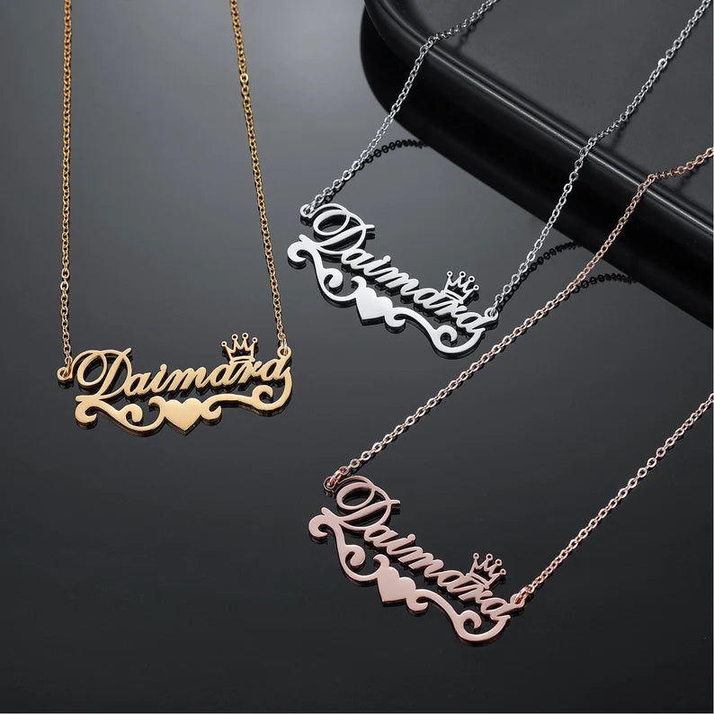 Premium Quality Gold Plated Queen & Heart Pattern Name Necklace