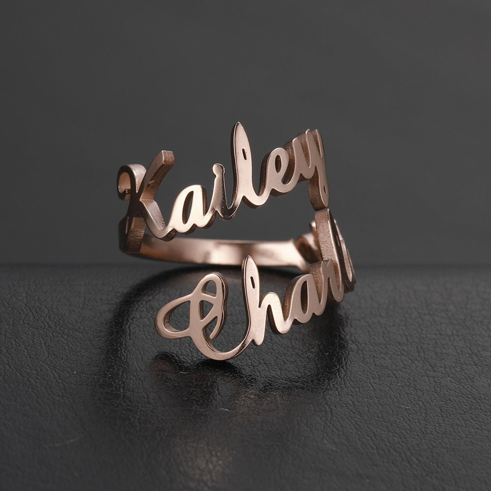 Gold Plated Double Name Design Custom Name Adjustable Ring for Women
