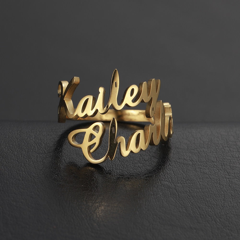 Gold Plated Double Name Design Custom Name Adjustable Ring for Women
