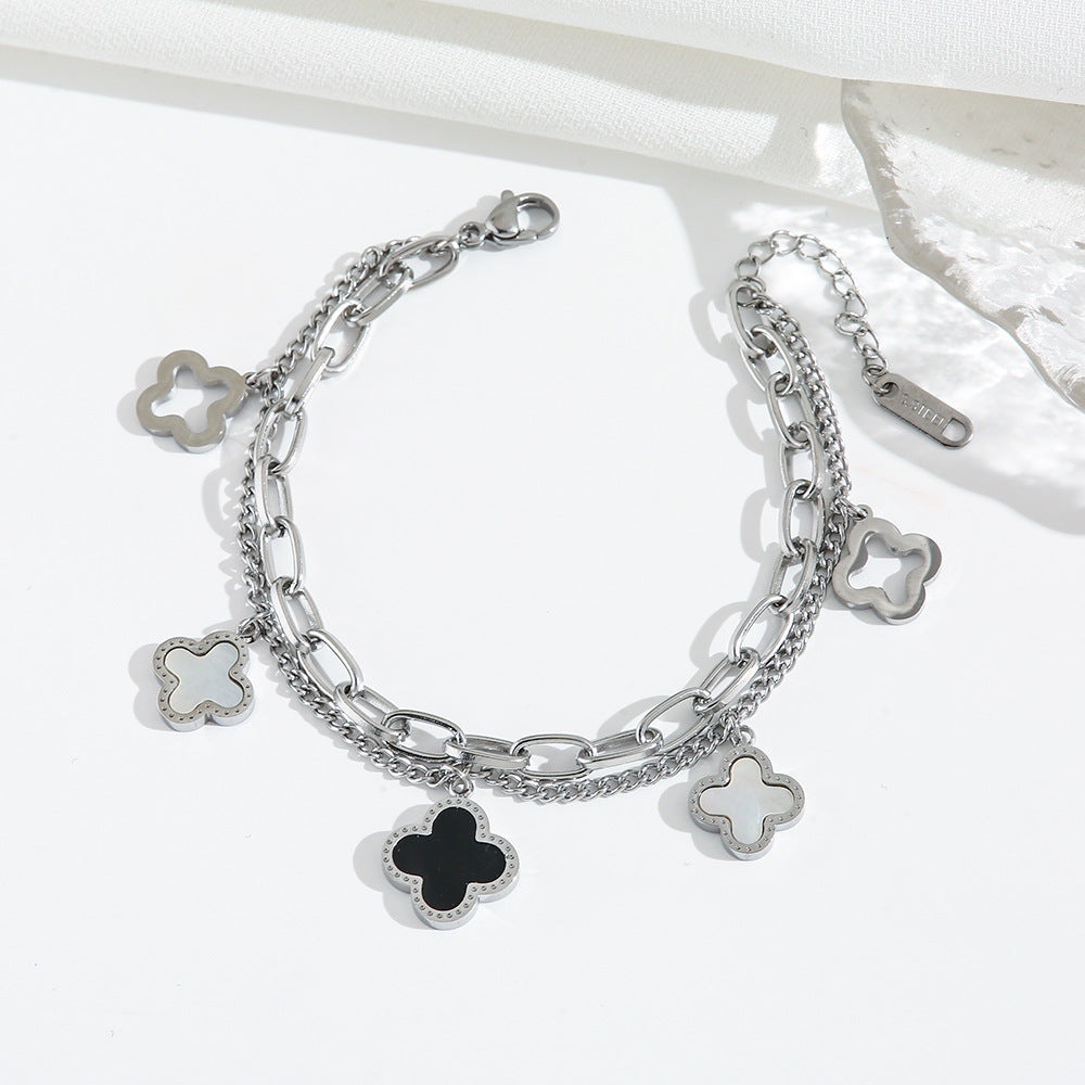 Stainless Steel Gold-Plated Mother of Pearl Clover Anti-Tarnish Bracelet for Women