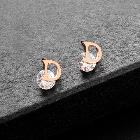 Asymmetric Stainless Steel D-Letter Zircon Stud Earrings for Women - Shimmering and Unique Lady's Earrings