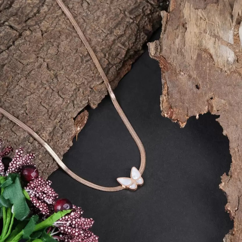 Women's Butterfly Rose Gold Choker Necklace: Stainless Steel Snake Chain