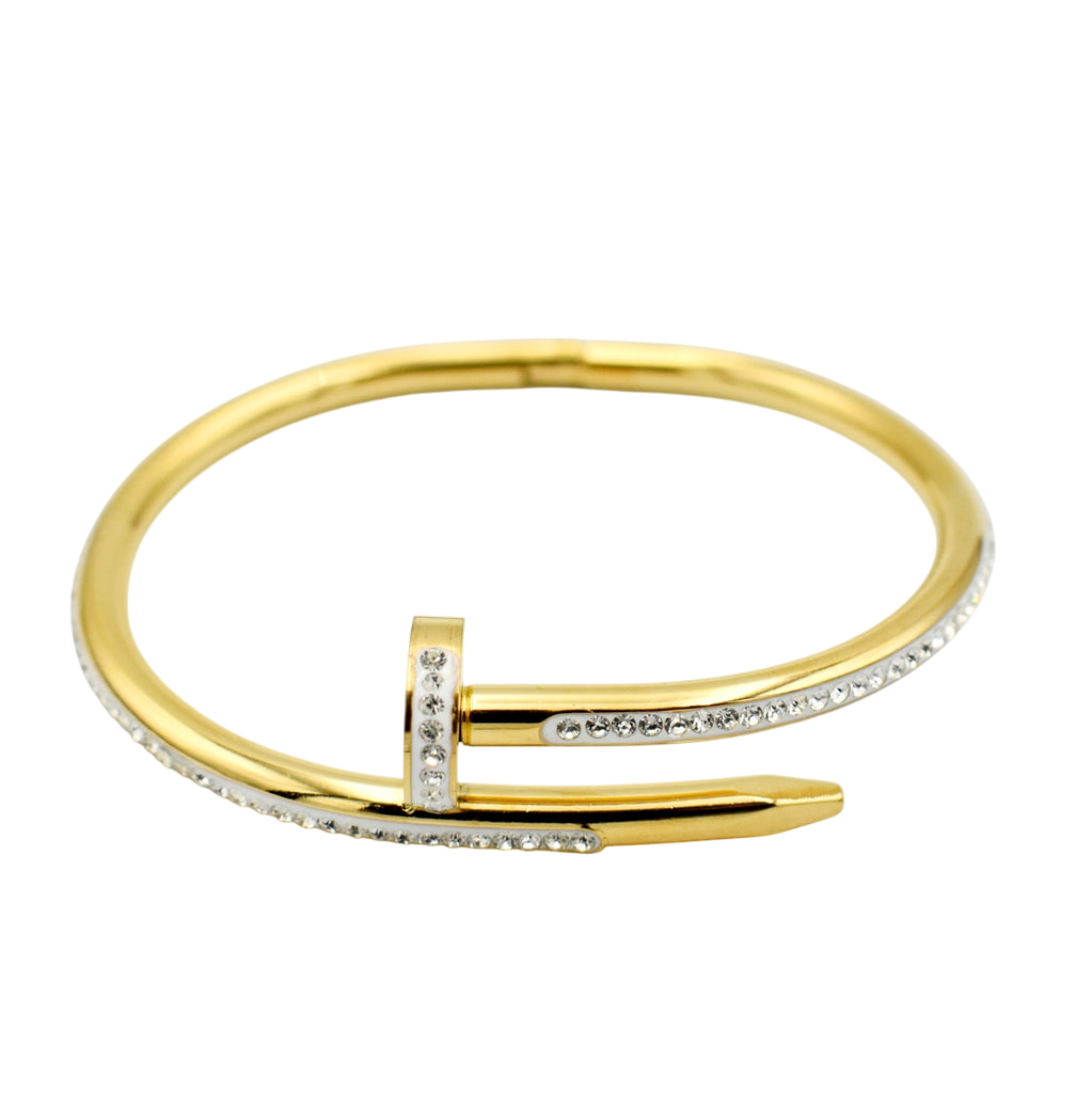 Stainless Steel Gold Plated Anti Tarnish AD Studded Nail Bracelet for Women