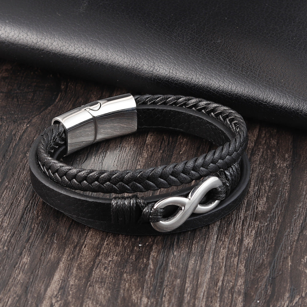 Men’s New PU Leather Woven Bracelet – Infinity Charm Wrap Bracelet – Braided PU Leather Wristband for Men