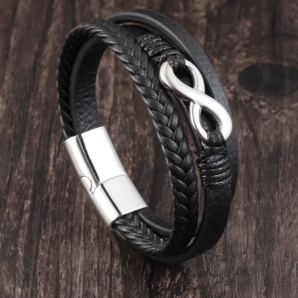 Men’s New PU Leather Woven Bracelet – Infinity Charm Wrap Bracelet – Braided PU Leather Wristband for Men