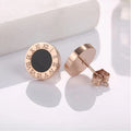 Korean Style Roman Numeral Stud Earrings for Women - Stainless Steel Round Black Shell Ear Studs with Rose Gold Silver Fashion Accents