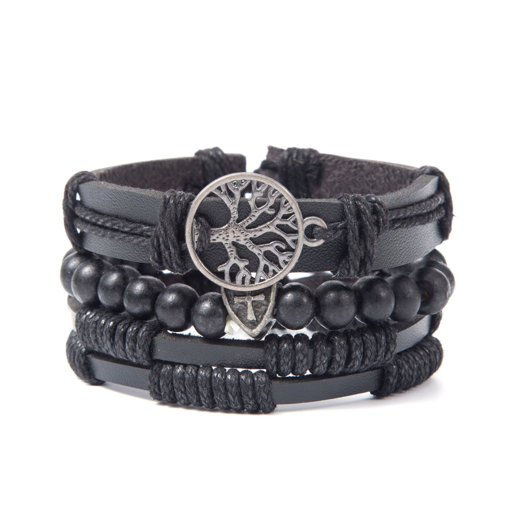 Men’s Retro Tree of Life Leather Bracelet Set – Four-Piece Multi-Layer Braided Wristband – Lucky Charm Jewelry