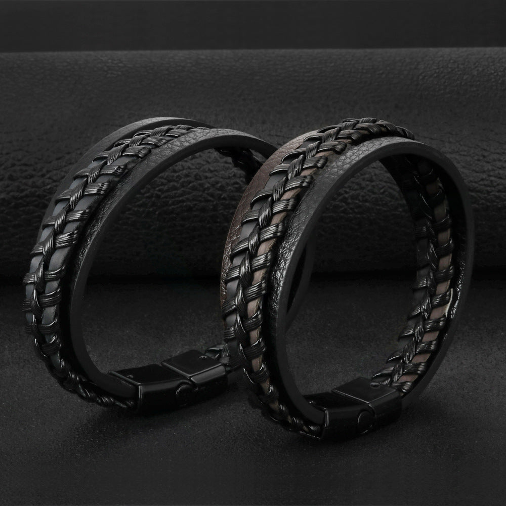 Simple Design Multilayer Braided Woven Wrist Cuff Mens Leather Bracelets with Magnetic Clasp