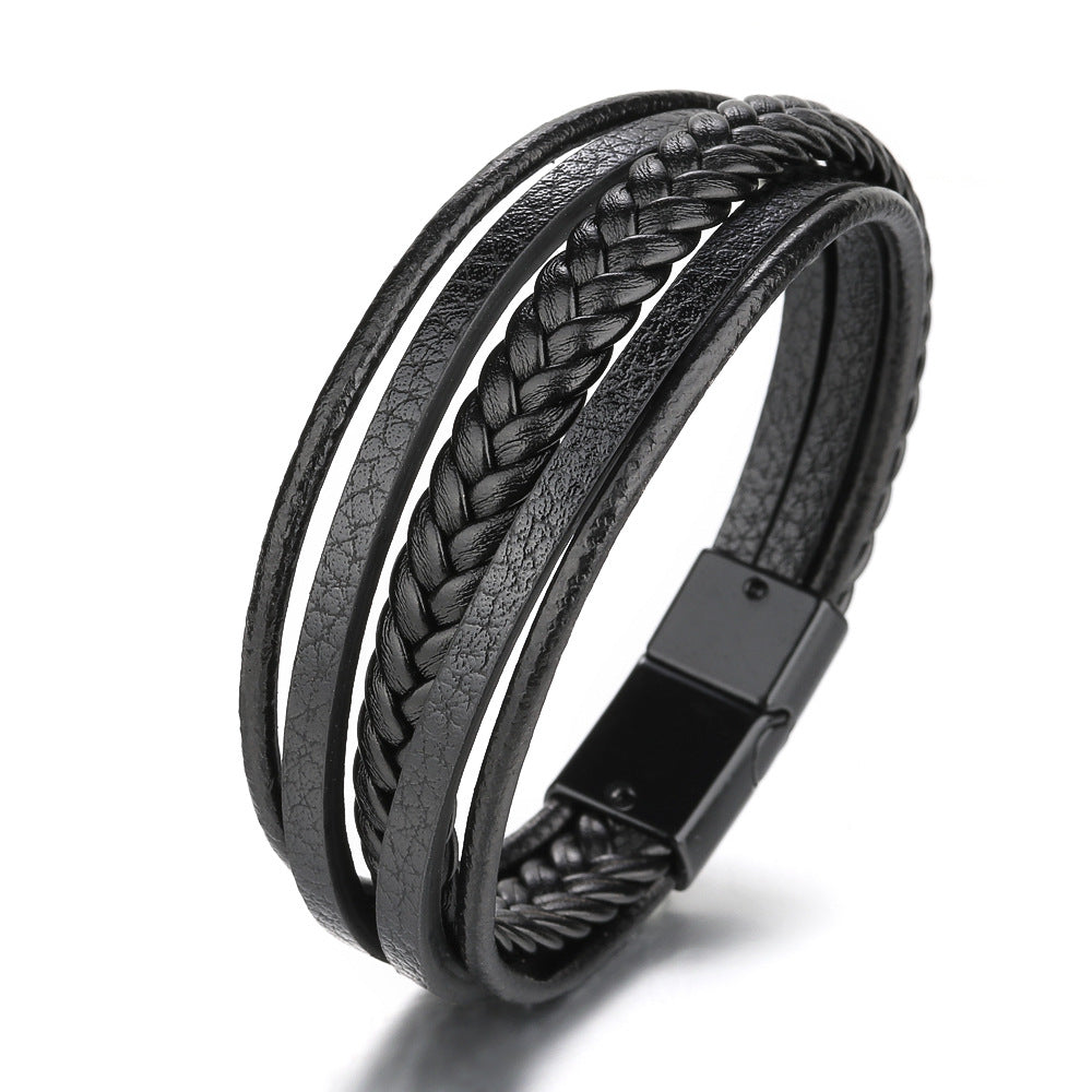 Trendy Men’s PU Leather Bracelet – Multi-Layer Black Leather Cuff Bangle – Stylish Charm Wristband for Men