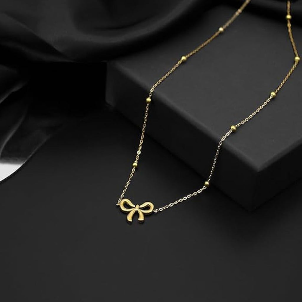 Gold Plated Anti Tarnish Infinity Bow Pendant Necklace for Women