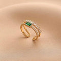 Gold Plated Stainless Steel Anti Tarnish Green Emerald Studded Adjustable Finger Ring