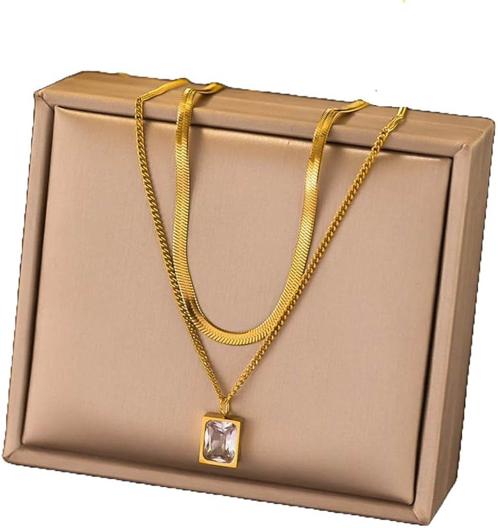 Gold-Plated Anti-Tarnish Green Emerald Geometric Layered Necklace for Women