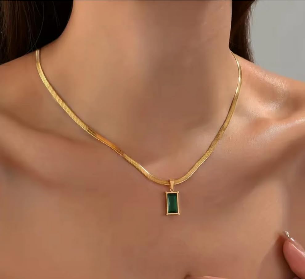 Gold Plated Anti-Tarnish Green Geometric Pendant Necklace for Women