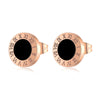 Korean Style Roman Numeral Stud Earrings for Women - Stainless Steel Round Black Shell Ear Studs with Rose Gold Silver Fashion Accents