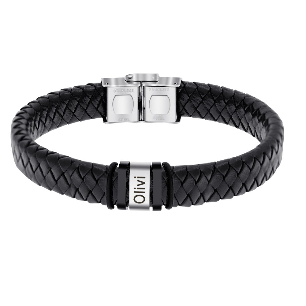 Customized Laser Engraved Men's Leather ID Bracelet in Rope Stainless Steel, Silver, and Black