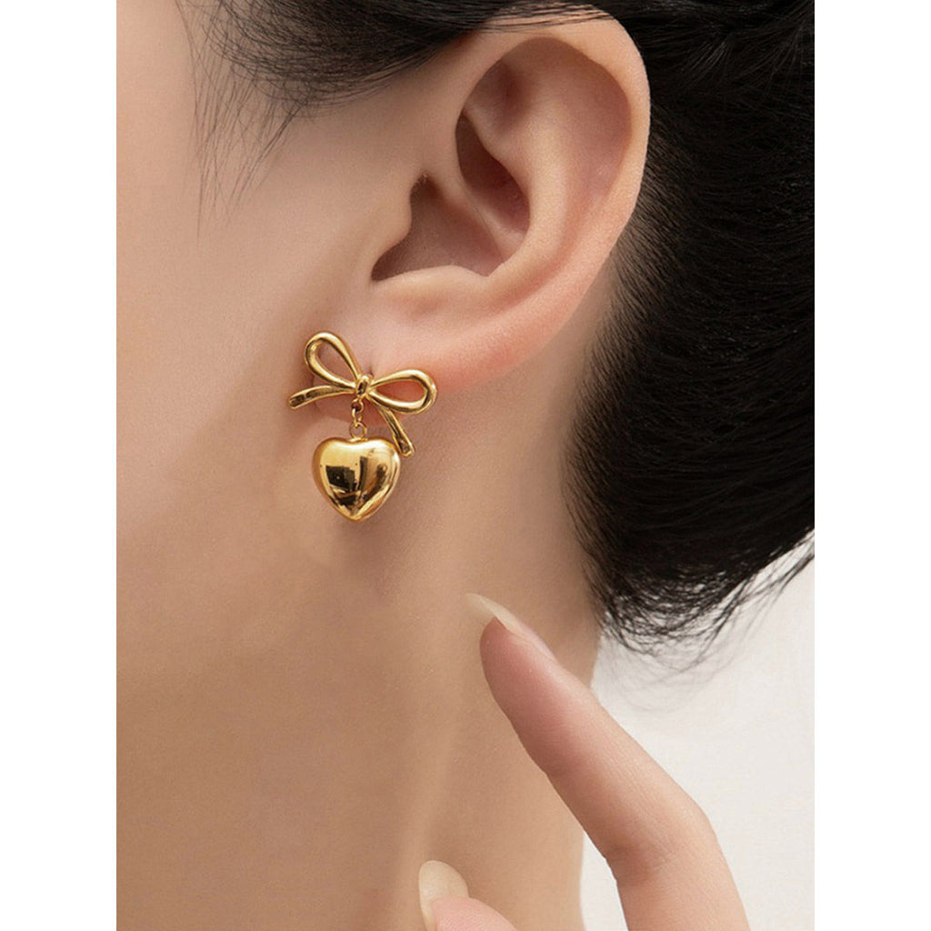 Gold-Plated Anti-Tarnish Bow-Heart Themed Earrings for Women