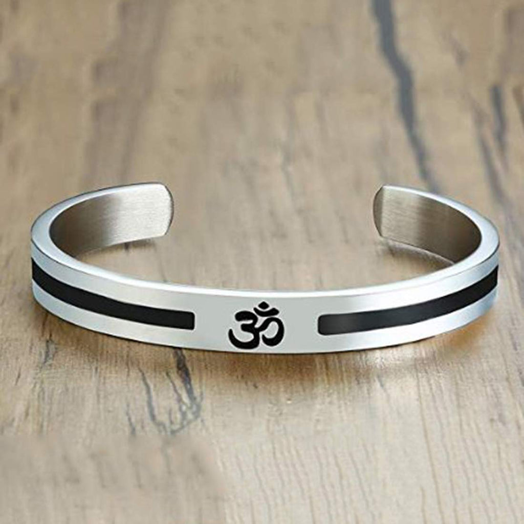 OM Ohm Aum Symbolic Religion Jewelry Stainless Steel Hindu Cuff Bracelets for Men, Half Open Design, Lucky Kada Bangle, Perfect Men's Gift