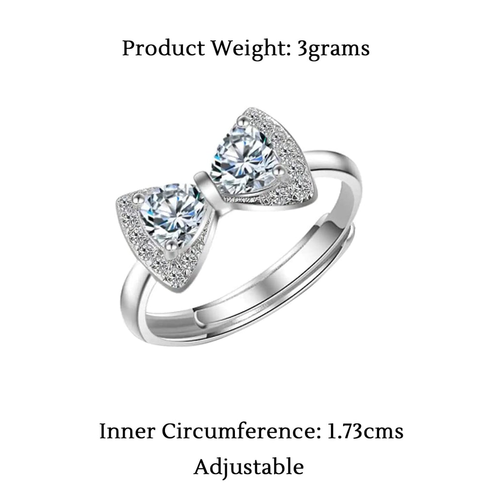 Crystal Studded Bow Tie-Inspired Anti-Tarnish Contemporary Adjustable Finger Ring for Women