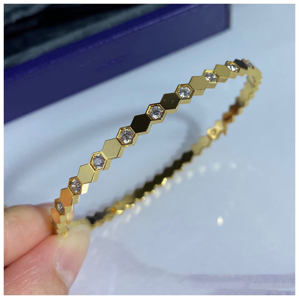 Gold-Plated AD Bangle-Style Hexagonal Anti-Tarnish Bracelet for Women