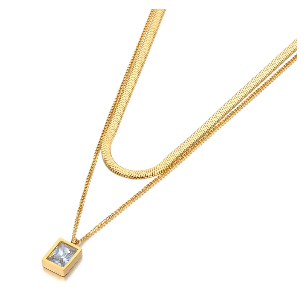 Gold-Plated Anti-Tarnish Green Emerald Geometric Layered Necklace for Women