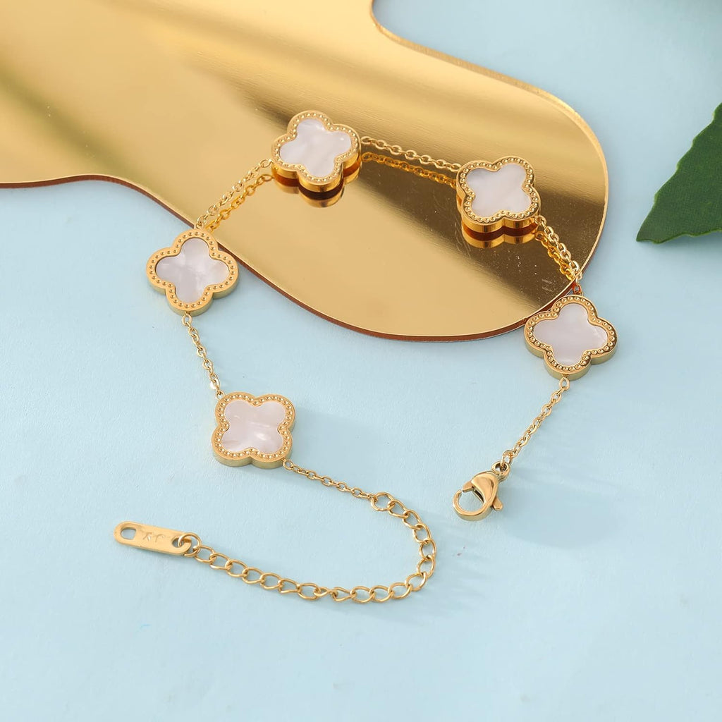 Gold-Plated White Clover Mother of Pearl Link Bracelet for Women