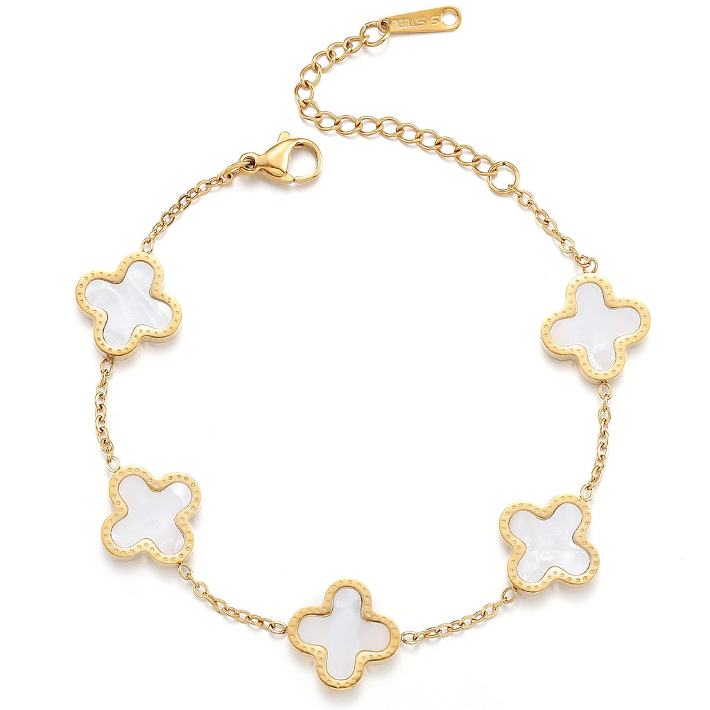Gold-Plated White Clover Mother of Pearl Link Bracelet for Women