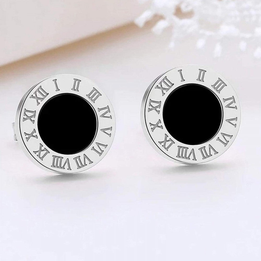 Korean Style Roman Numeral Stud Earrings for Women - Stainless Steel Round Black Shell Ear Studs with Rose Gold Silver Fashion Accents