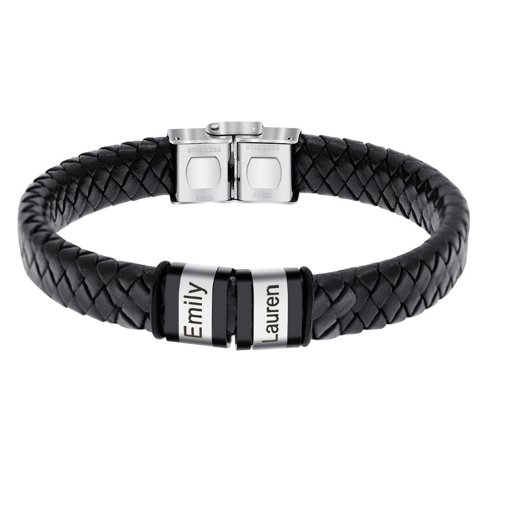 Customized Laser Engraved Men's Leather ID Bracelet in Rope Stainless Steel, Silver, and Black