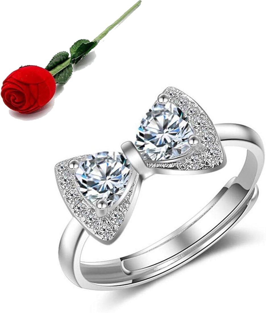 Crystal Studded Bow Tie-Inspired Anti-Tarnish Contemporary Adjustable Finger Ring for Women