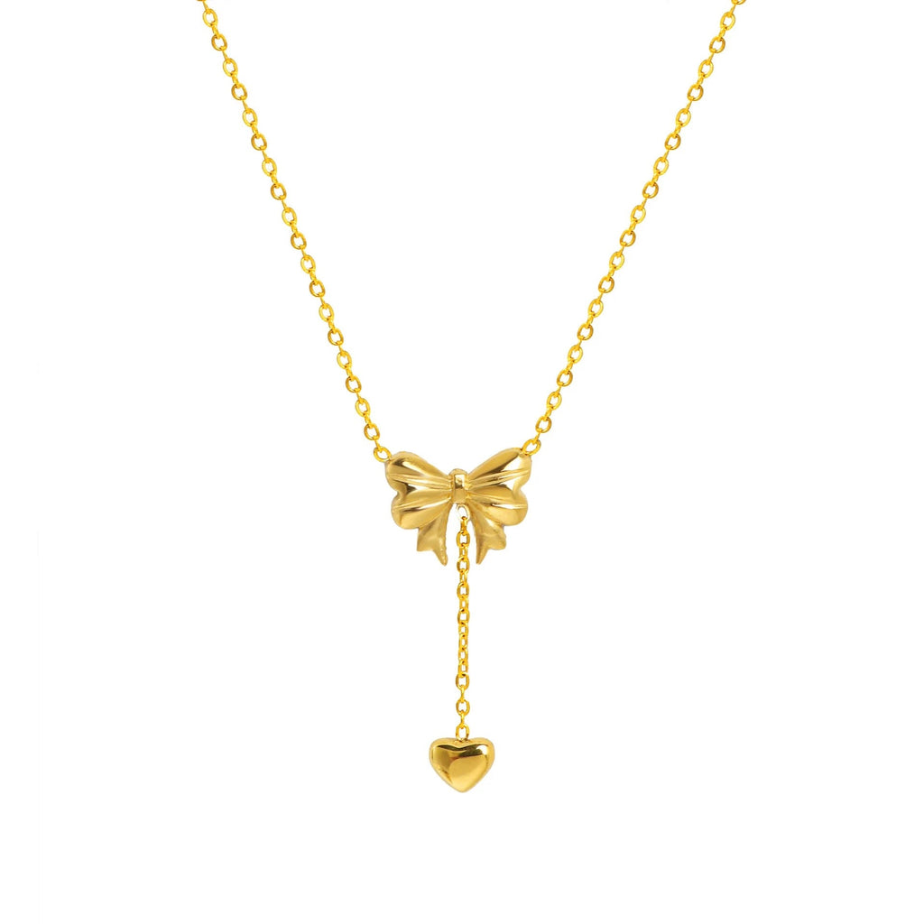 Gold Plated Stainless Steel Anti Tarnish Heart Themed Bow inspired Pendant Necklace