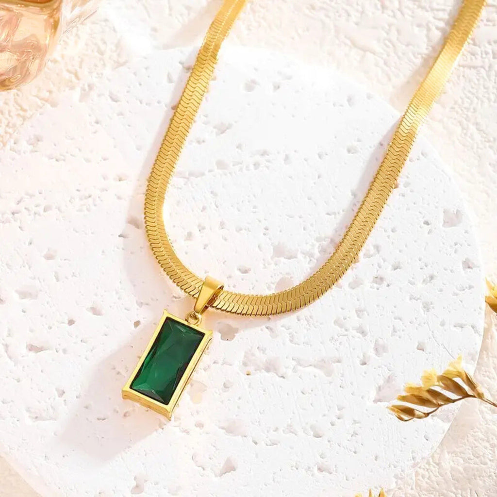 Gold Plated Anti-Tarnish Green Geometric Pendant Necklace for Women