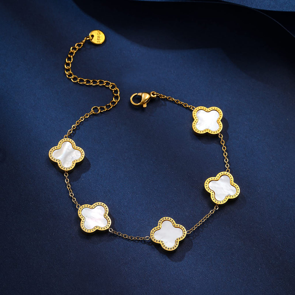 Gold-Plated White Clover Mother of Pearl Link Bracelet for Women
