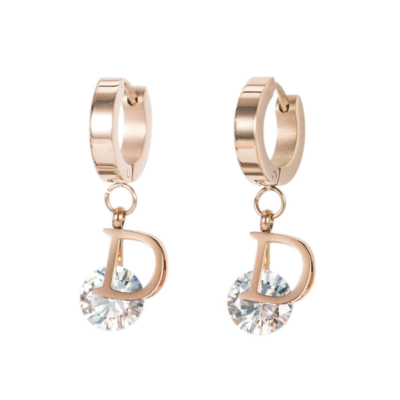 The letter D zircon titanium Steel Rose Gold pop earrings for women