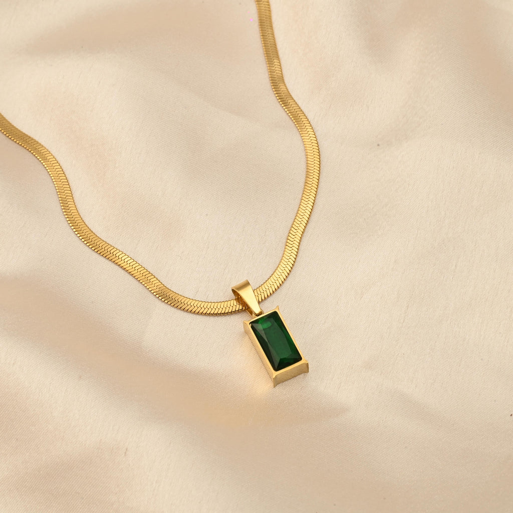 Gold Plated Anti-Tarnish Green Geometric Pendant Necklace for Women