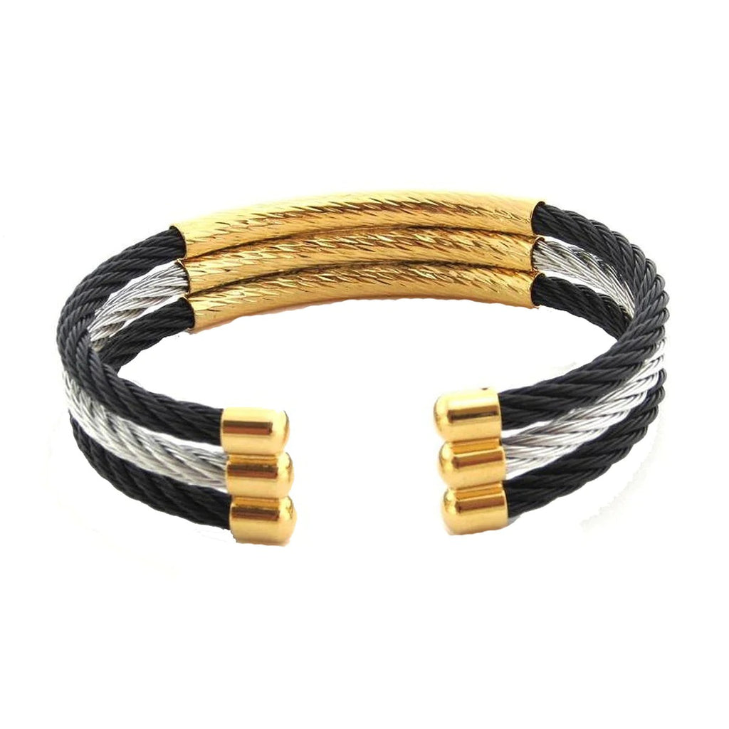 Versatile Triple Black Silver Gold Rope Wire Stainless Steel Cuff Kada Free Size Bracelet
