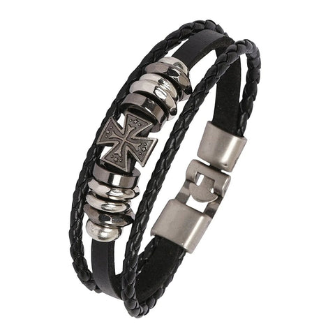 Black Leather Multi-Strand Wrist Band Bracelet with Hamsa Peace Charm