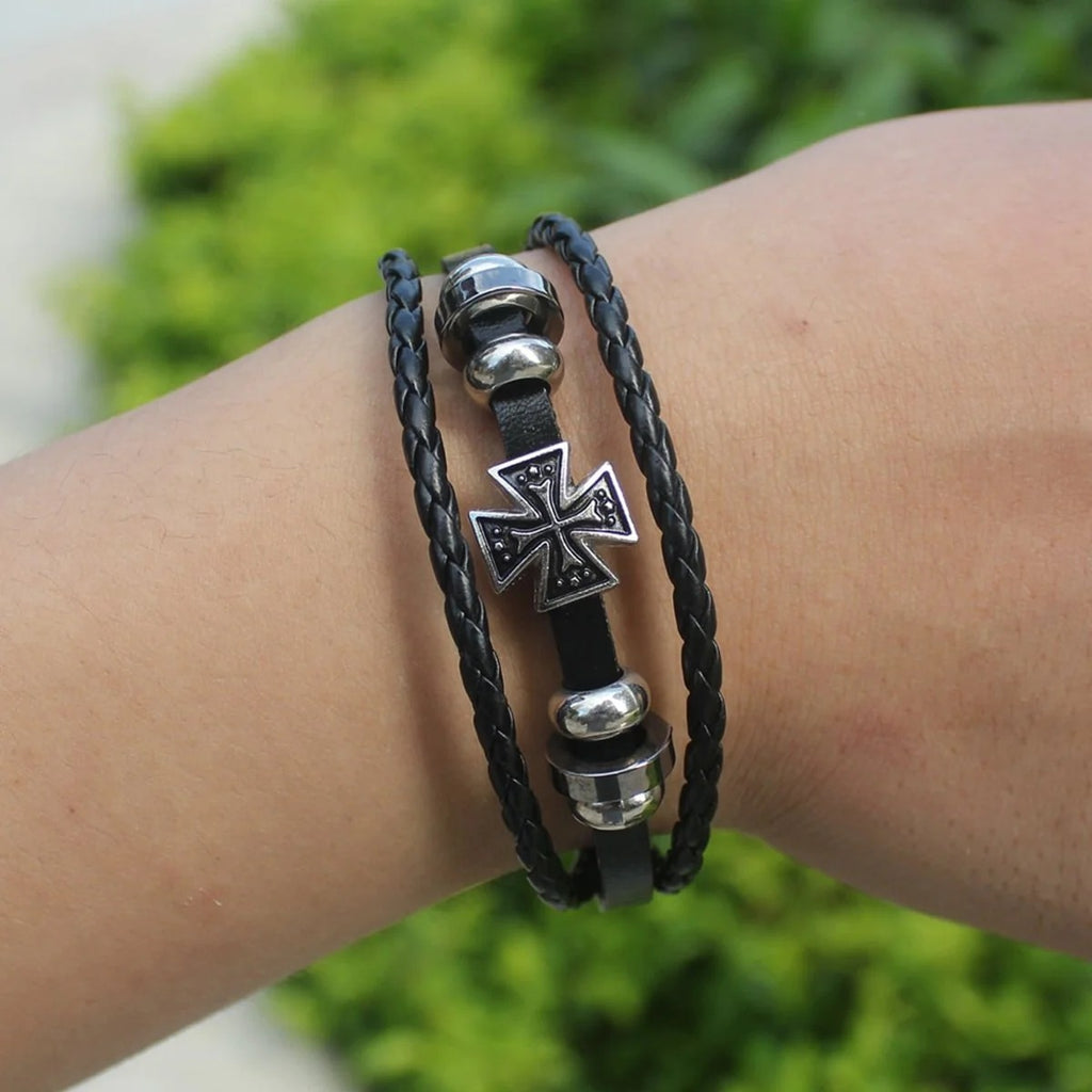 Black Leather Multi-Strand Wrist Band Bracelet with Hamsa Peace Charm