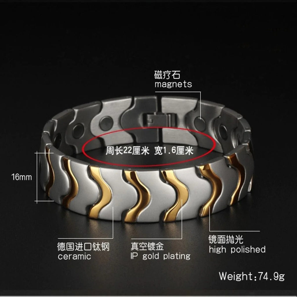 Titanium Stainless Steel Magnetic Therapy Health Energy Bracelet - Silver Gold for Men
