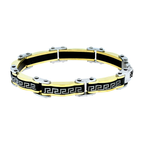 Geometric Designer Stainless Steel Bracelet - 18K Gold with Black Accents - Men's Fashion