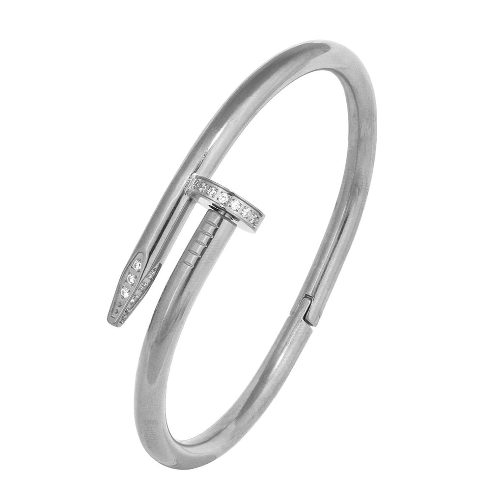 Men's Stainless Steel Openable Cuff Kada Bangle Bracelet with Nail Gothic CZ Accent