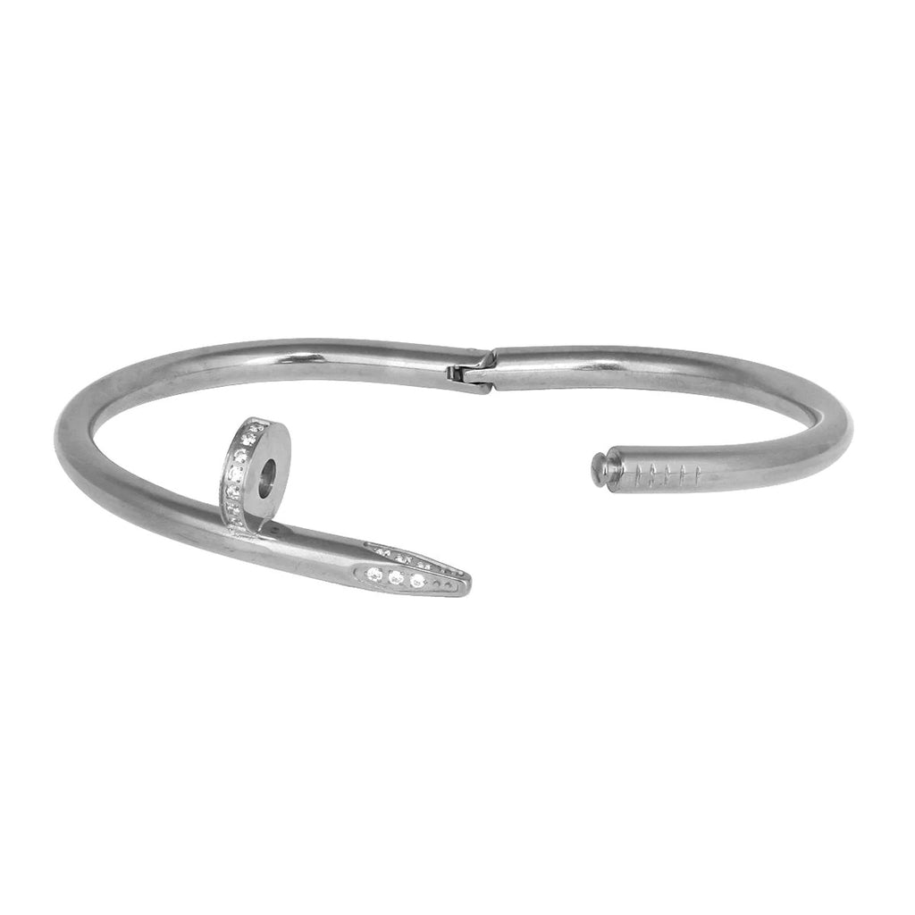 Men's Stainless Steel Openable Cuff Kada Bangle Bracelet with Nail Gothic CZ Accent