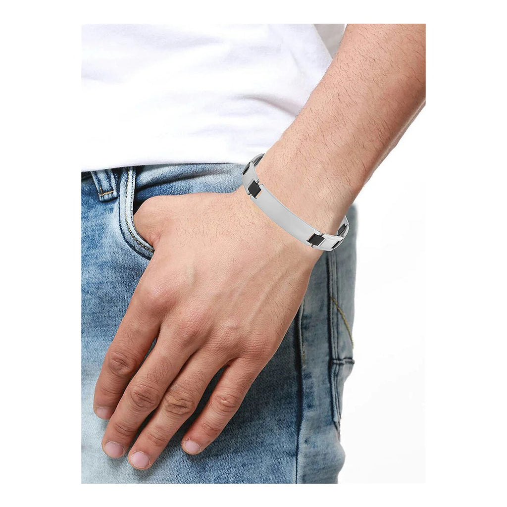 Elevate Your Style with our Custom Engraved Biker Black Accents Stainless Steel Bracelet for Men